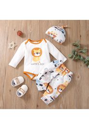 3pcs Baby Cartoon Animals and Letter Print White Long-sleeve Romper and Trousers Set