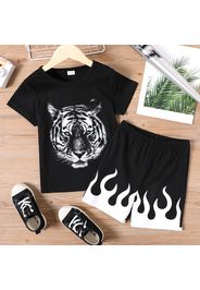 2pcs Kid Boy Animal Tiger Print Short-sleeve Tee and Colorblock Shorts Set