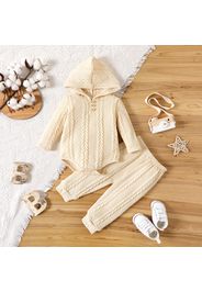 2pcs Baby Boy/Girl Solid Cable Knit Hooded Long-sleeve Romper and Pants Set