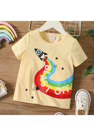 Toddler Boy Letter Rocket Rainbow Print Short-sleeve Beige Tee