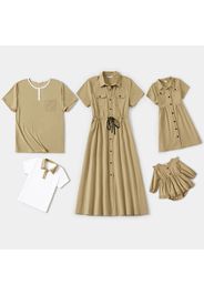 Solid Khaki Short-sleeve Family Matching Sets（Lapel Front Button Shirt Dresses and T-shirts）