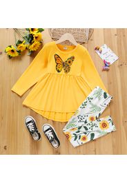 2-piece Kid Girl Butterfly Floral Print Long-sleeve Yellow Top and Elasticized Pants Set