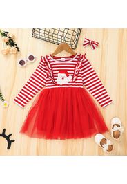 Toddler Girl Christmas Santa Print Ruffle Stripe Long-sleeve Tulle Dress