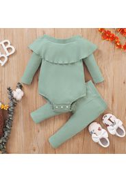 2pcs Baby Girl Solid Ribbed Off Shoulder Long-sleeve Ruffle Romper and Pants Set