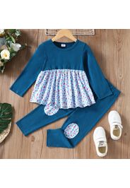 2-piece Toddler Girl Floral Print Stitching Colorblock Long-sleeve Top and Elasticized Pants Set