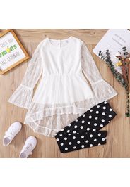 2-piece Kid Girl Lace Design High Low Long-sleeve White Top and Polka dots Black Leggings Set