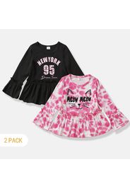 2-Pack Toddler Girl Letter Print Ruffled Tie Dyed/Black Long-sleeve Tee