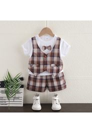 2pcs Toddler Boy Gentleman Suit, Faux-two Bow tie Design Tops and Plaid Shorts Set