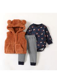 3pcs Baby Boy/Girl Fuzzy Fleece Vest and Bear Print Romper with Striped Trousers Set