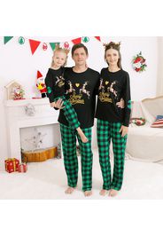 Christmas Reindeer and Letter Print Family Matching Long-sleeve Green Plaid Pajamas Sets (Flame Resistant)