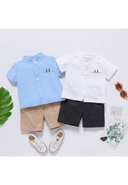 Refreshing As Soda Toddler Boy 2pcs 100% Cotton Solid Stand Collar Short-sleeve Blue or White Shirt Top and Khaki or Black Shorts Set