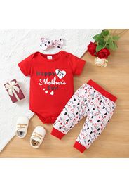 Mother's Day 3pcs Baby Girl Love Heart Letter Print Short-sleeve Romper and Pants with Headband Set