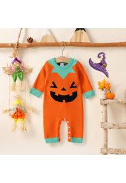 Halloween Baby Boy/Girl Pumpkin Pattern Long-sleeve Colorblock Knitted Jumpsuit