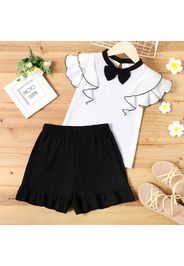 2-piece Kid Girl Bowknot Design Flutter-sleeve White Blouse and Ruffled Black Shorts Set