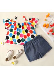 2-piece Toddler Girl Colorful Polka dots Off Shoulder Strap Tee and Elasticized Denim Shorts Set