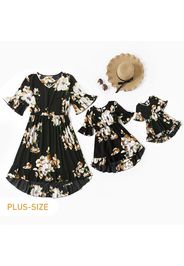 Floral Print Black Ruffle Half-sleeve Midi Dress for Mom and Me