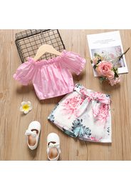 2-piece Toddler Girl Ruffled Off Shoulder Short-sleeve Tee and Belted Floral Print Shorts Set