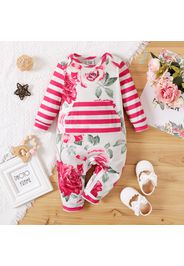 Baby Girl Hot Pink Floral Print Splicing Striped Long-sleeve Jumpsuit