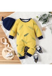 2pcs Baby Boy/Girl All Over Feather Print Yellow Waffle Long-sleeve Jumpsuit Set