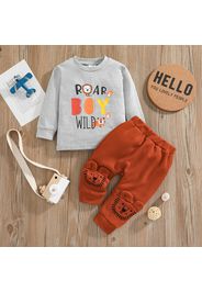 100% Cotton 2pcs Letter and Cartoon Lion Print Long-sleeve Pullover and Trousers Set