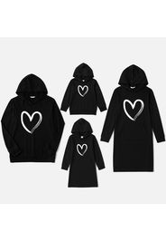 Love Heart Print Black Family Matching Long-sleeve Hoodie Dresses and Tops Sets