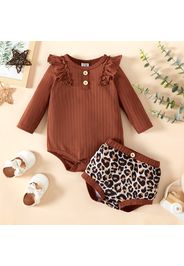 2pcs Baby Girl Ribbed Long-sleeve Ruffle Romper and All Over Leopard Shorts Set