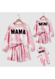 Mommy and Me Letter Print Pink Tie Dye Drop Shoulder Long-sleeve Sweatshirts and Shorts Sets