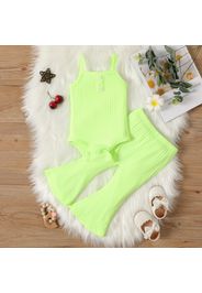 2pcs Baby Girl Fluorescent Color Spaghetti Strap Ribbed Romper and Flared Pants Set