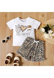 2pcs Toddler Girl Letter Leopard Print Short-sleeve White Tee and Ruffled Leopard Print Shorts Set