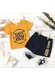 2pcs Baby Boy Letter Print Waffle Short-sleeve Top and Shorts Set