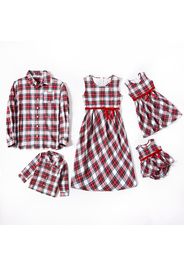 Red and White Plaid Print Long-sleeve Family Matching Sets(Sleeveless Dresses and Front Button Shirts)