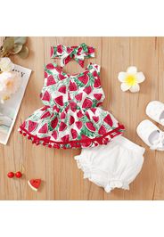 3pcs Baby Girl 100% Cotton Crepe Ruffle Trim Shorts and Allover Watermelon Print Pom Poms Tank Top with Headband Set