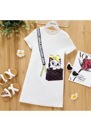 Kid Girl Cute Cat Bag Print Short-sleeve White Tee Dress