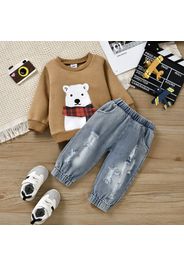 2pcs Baby Polar Bear Print Long-sleeve Sweatshirt and Ripped Denim Jeans Set