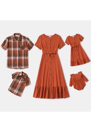 Family Matching Solid Short-sleeve Belted Midi Dresses and Plaid Shirts Sets