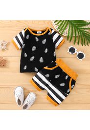 2pcs Baby Boy 95% Cotton Short-sleeve Contrast Binding Allover Feather Print Striped Spliced T-shirt and Shorts Set