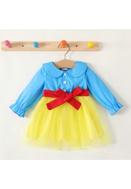 Baby Girl Doll Collar Long-sleeve Belted Splicing Mesh Princess Dress