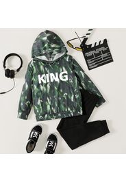 2pcs Kid Boy Letter Allover Print Hooded Sweatshirt and Black Elasticized Pants Set