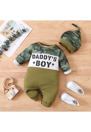 2pcs Baby Boy Letter Print Colorblock Camouflage Long-sleeve Jumpsuit with Hat Set