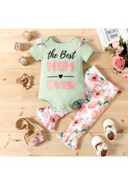 2pcs Baby Girl Letter Print Ribbed Long-sleeve Romper and Floral Print Bell Bottom Pants Set