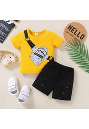 2pcs Baby Boy 95% Cotton Short-sleeve Crossbody Bag Print T-shirt and Ripped Shorts Set