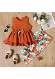 2-piece Toddler Girl Bowknot Design Ruffled Hem Sleeveless Tee and Floral Print Pants Set