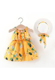 2pcs Baby Girl Yellow Sleeveless Floral Print Ruffle Dress with Hat Set