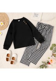 2-piece Kid Girl Button Design Raglan Sleeve Black Sweatshirt and Bowknot Design Plaid Pants Set