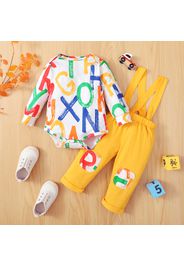 2pcs Baby Boy All Over Colorful Letter Print Long-sleeve Romper and Overalls Set