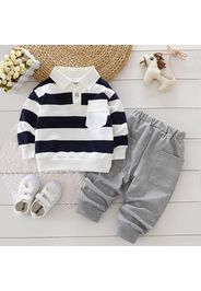 2pcs Baby Boy 95% Cotton Polo Collar Long-sleeve Striped Top and Solid Sweatpants Set