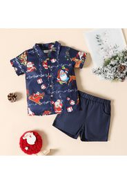 2-piece Toddler Boy Christmas Santa Deer Print Bow Design Shirt and Solid Shorts Set