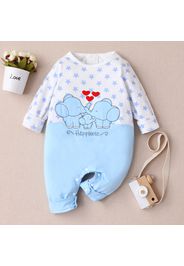 Elephant Applique Stars Print Splice Long-sleeve White Baby Jumpsuit