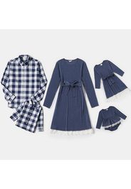 Blue and White Splice Print Long-sleeve Family Matching Sets(Belted Lace Hem Dresses and Plaid Shirts)