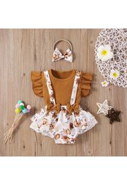 3pcs Floral Print Flutter-sleeve Ribbed Baby Sets